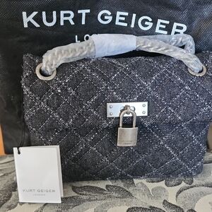 NWT Kurt Geiger Black Quilted Denim Satchel with Silver Padlock
